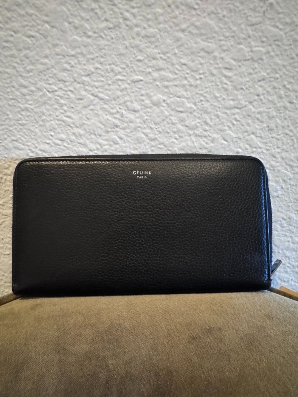 Celine Black Leather Zip Wallet Yellow Interior + COA